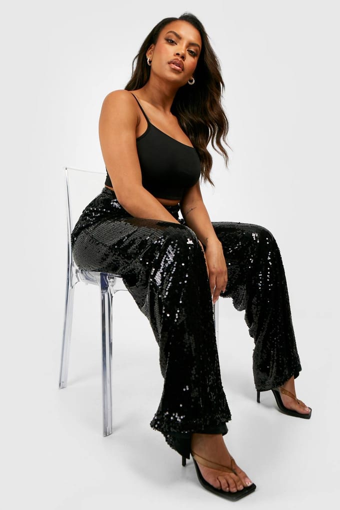 boohoo Dames Plus Sequin Broek met Wijde Pijpen | Black | Maat: 26