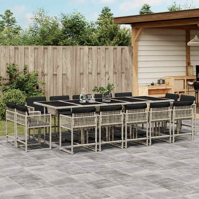 vidaXL - 15-delige - Tuinset - met - kussens - poly - rattan - lichtgrijs