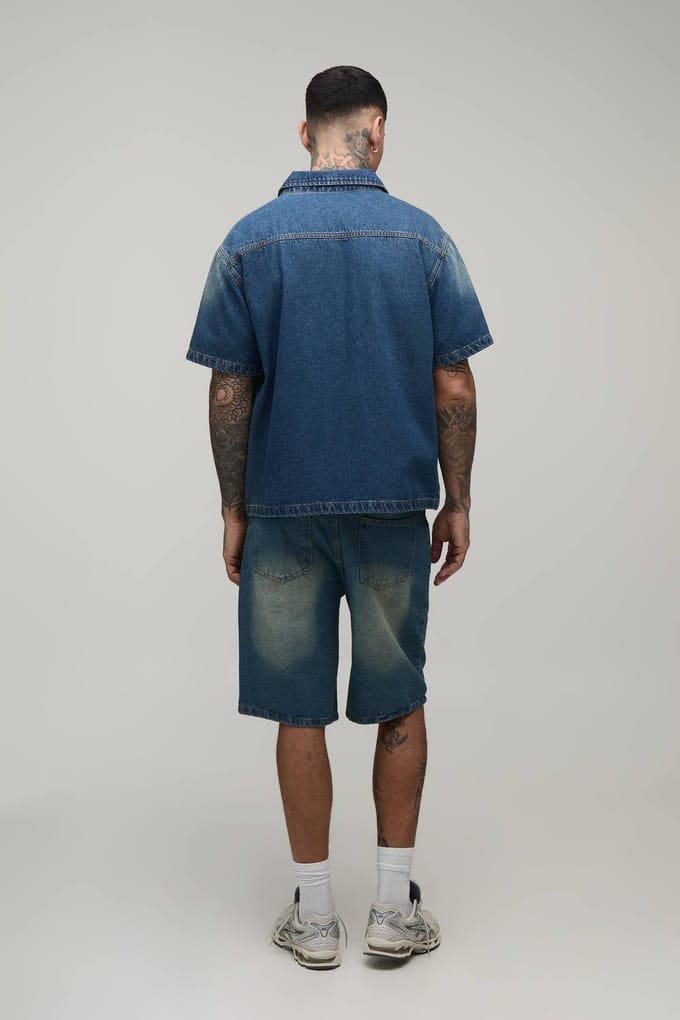 Lang Gewassen Oversized Boxy Denim Overhemd | Mid Wash | Size 2XL