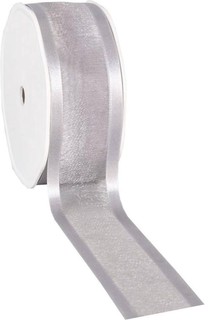 Satin edge Organzalint Licht grijs – 38 mm × 25 m – Organza