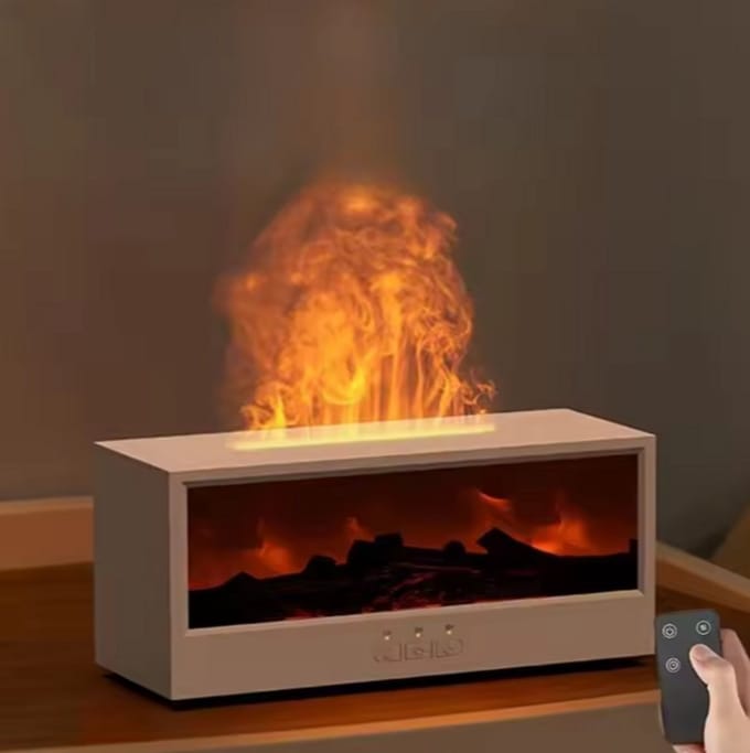 Flame LED Aroma Diffuser Wit – Sfeervolle Luchtbevochtiger met Vlam Effect – Aromatherapie – Meerkleurige LED – Timerfunctie – Stil & Modern