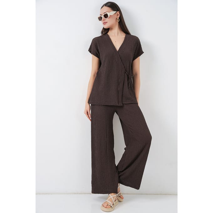 Gestructureerde V-hals Met Strikdetail Twee-delig Co-ord Set