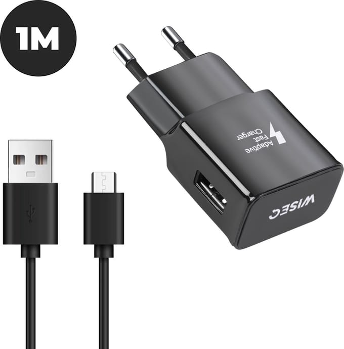 Complete Micro USB laadset – adapter inclusief USB naar Micro USB kabel 1 m – zwart – WiseQ