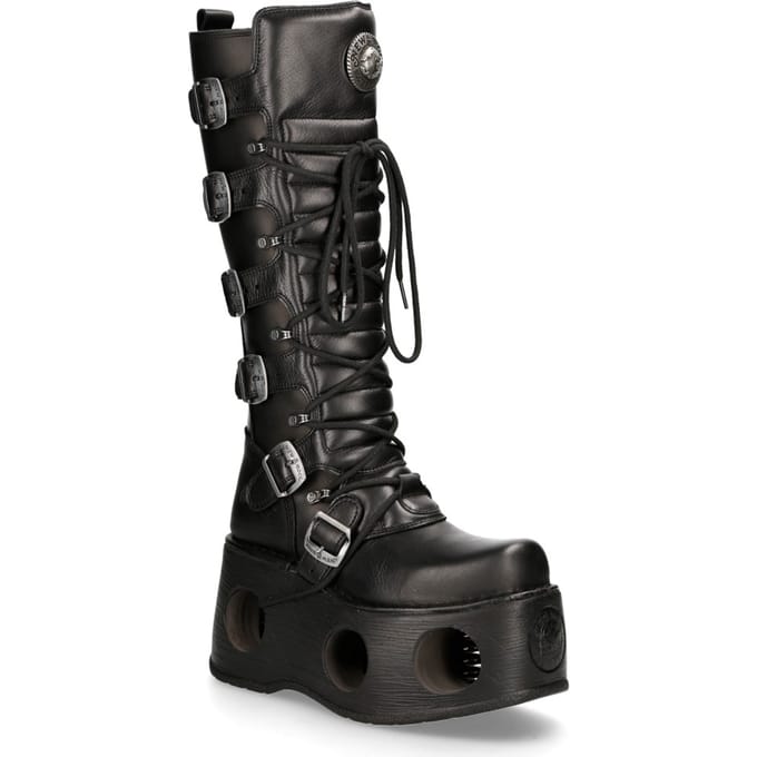 New Rock M-272-S2 Neptuno Metallic Kniehoge Zwarte Leren Gothic Laarzen