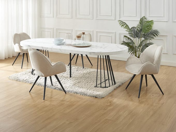 Vente-unique Set tafel FIRELA + 4 stoelen GULSUN - Wit marmereffect en beige