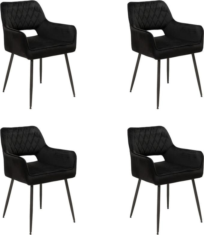 Bronx71® Velvet eetkamerstoel Mika zwart - Eetkamerstoelen set van 4 - stoel