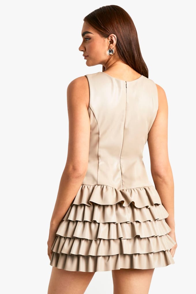 boohoo Dames PU Ruffle Hem Mini Jurk | Steen | Maat: 38