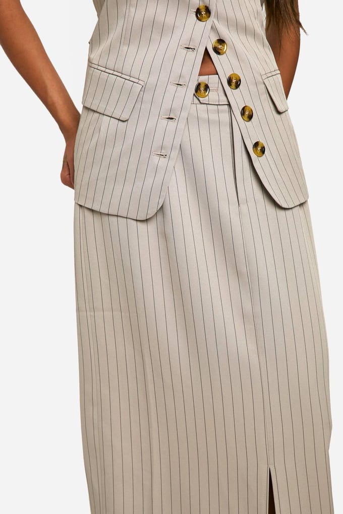 boohoo Dames Tonal Pinstripe Split Back Column Maxi Rok | Stone | Maat: 6