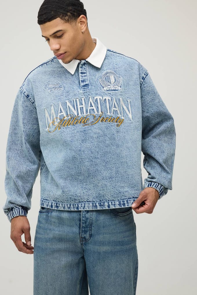 Stonewash Embroidered Oversized Varsity Denim Rugby Shirt | Size Large