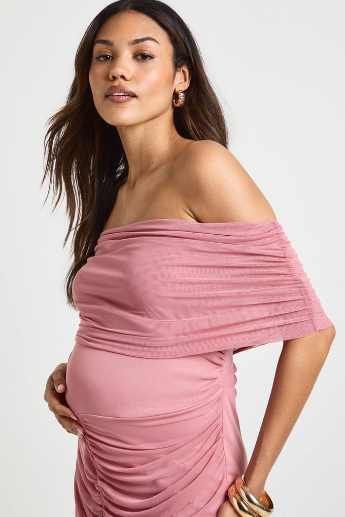 boohoo Dames Zwangerschaps Gerimpelde Bardot Mesh Zoom Midaxi | Rose | Maat: 10