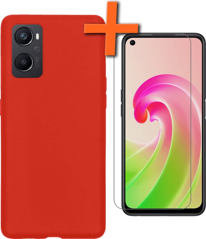 Hoes - Met Screenprotector - Geschikt voor OPPO A96 - Sterk & Shockproof - Back Cover - Siliconen Case - Telefoon Hoes - Rood