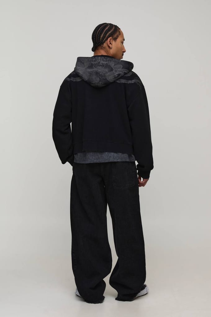 Jeans Met Geborduurd Drakendesign, Elastische Taille En Super Baggy Fit | Washed Black | Size 44R