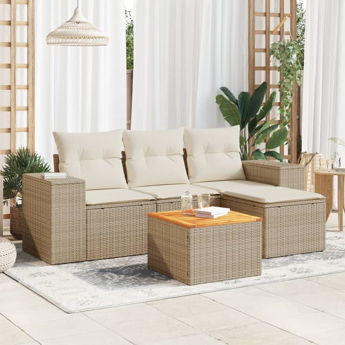 vidaXL - 5-delige - Loungeset - met - kussens - poly - rattan - beige