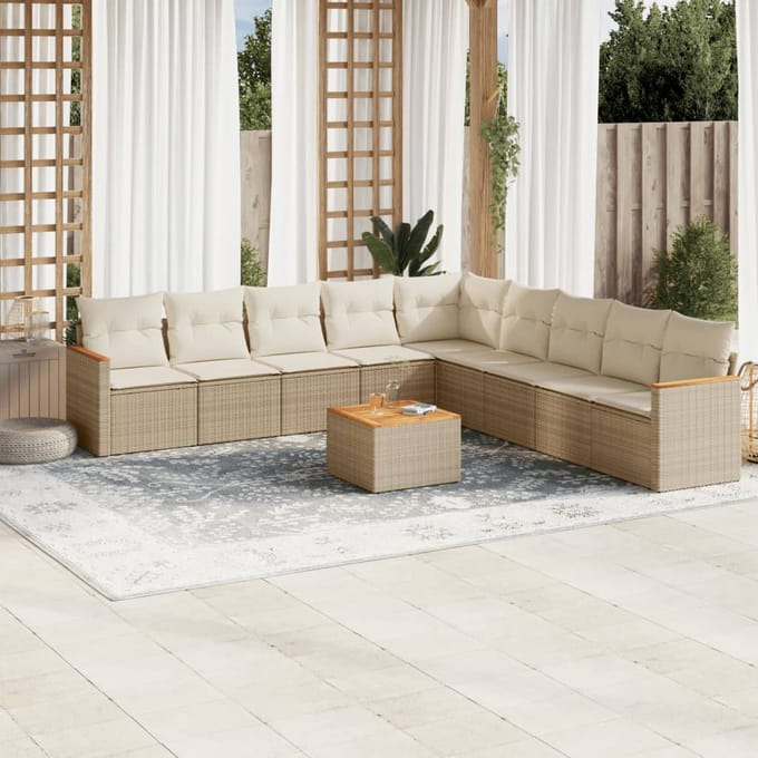 vidaXL - 10-delige - Loungeset - met - kussens - poly - rattan - beige