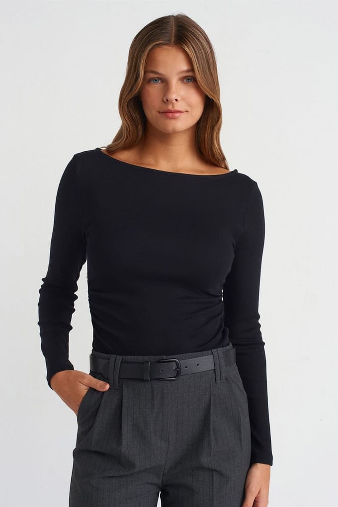 Slim Fit Geribbelde Bootneck Blouse