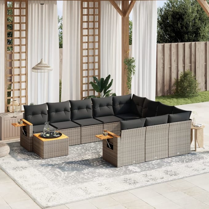 vidaXL - 11-delige - Loungeset - met - kussens - poly - rattan - grijs
