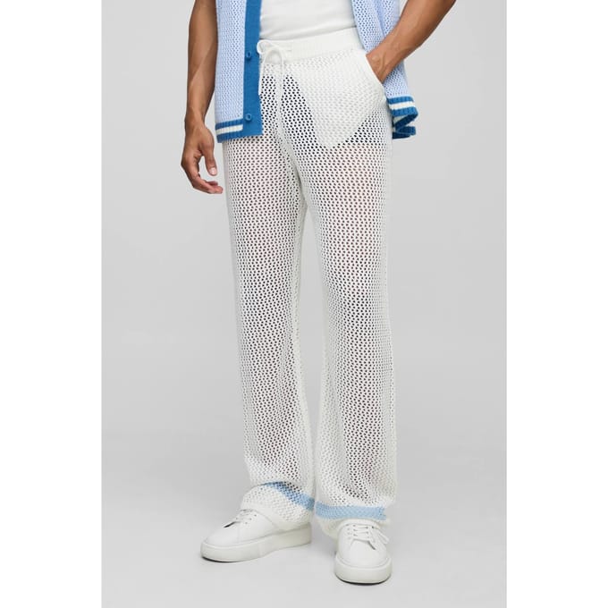 Relaxed Fit Open Stitch Stripe Detail Gebreide Joggers | White | Size Medium