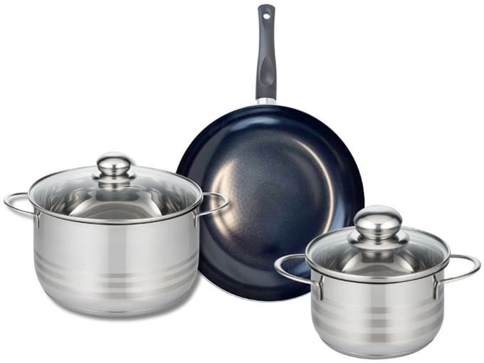 Set van 1 Koekenpan 24 cm en 2 kookpotten 16 en 20 cm Elo Prima Glanzend