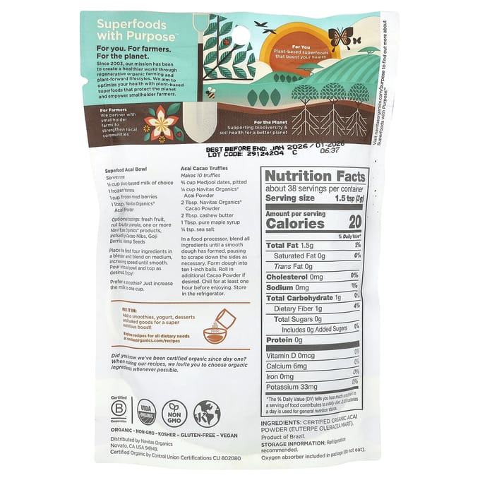 Navitas Organics, Biologisch Acai Poeder, 4 oz (113 gr)