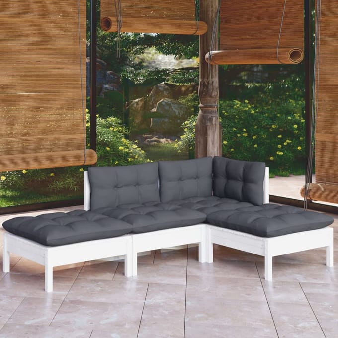 vidaXL - 4-delige - Loungeset - met - kussens - massief - grenenhout