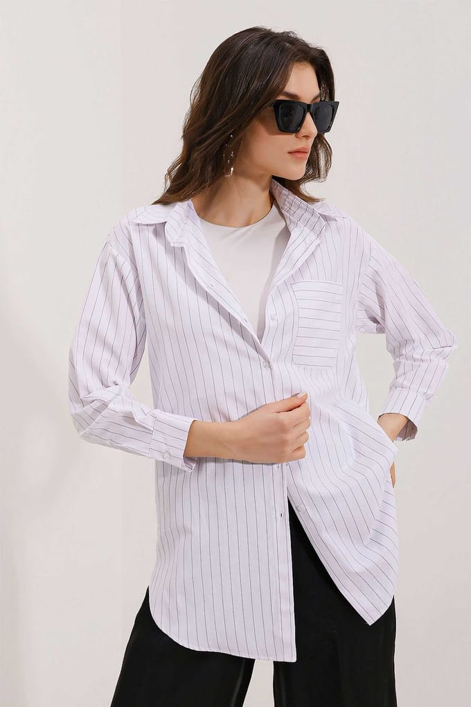 Overmaatse Gestreepte Poplin Shirt met Pocket
