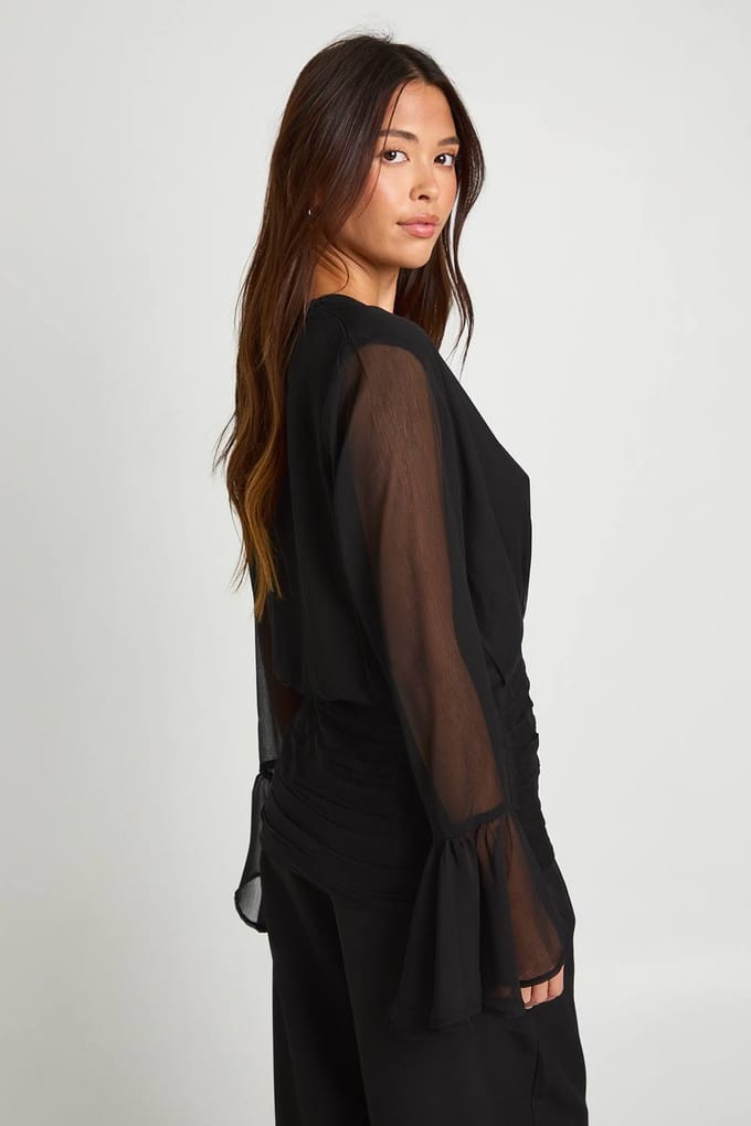 boohoo Dames Chiffon wikkelblouse met fluitmouwen | Black | Maat: 8