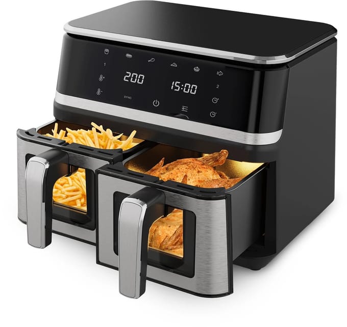 LUMÈ STORE Airfryer 9L Dual Zone – Heteluchtfriteuse – 2000W – Dubbele Mand – Touchscreen – 12 Programma’s – Kijkvenster – RVS – Zwart