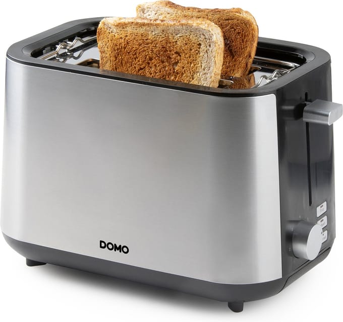 DOMO DO966T Broodrooster - 2 Extra Brede Sleuven - Ingebouwd Broodjesrek - 900W - RVS/Zwart