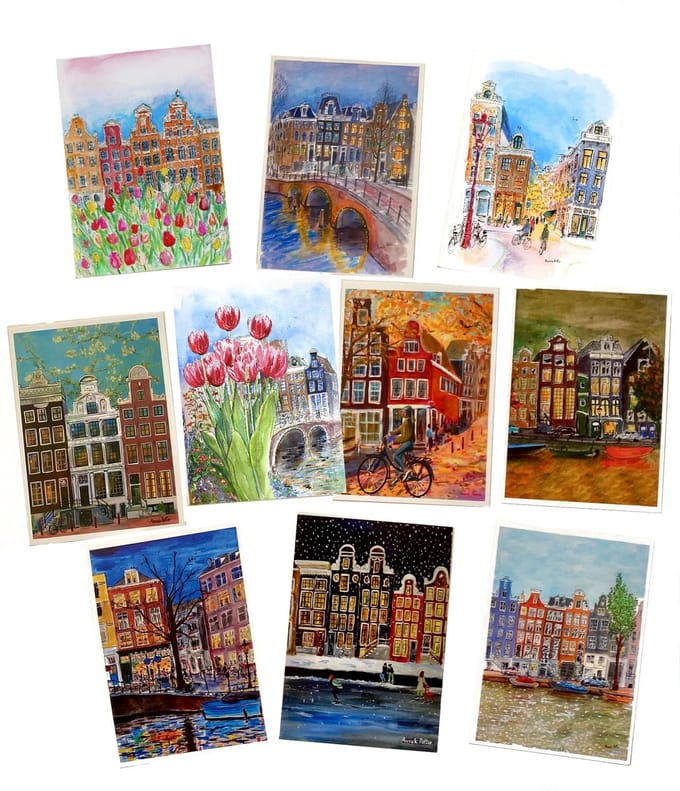 Amsterdam ansichtkaarten | kunstkaarten | staand | A6 formaat | 10 verschillende designs