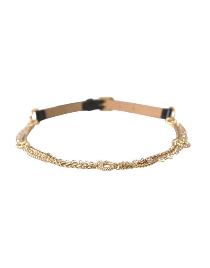 Dolce & Gabbana Zwarte Leren Gouden Ketting Kristallen Taille Damesriem