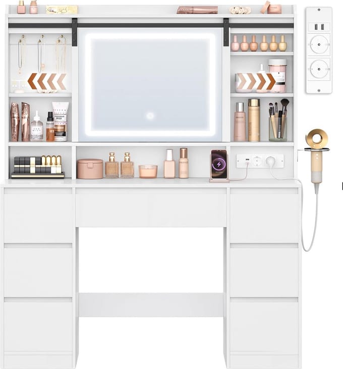 Grote Make-up Tafel met Verstelbare LED Spiegel en Stopcontact - Wit
