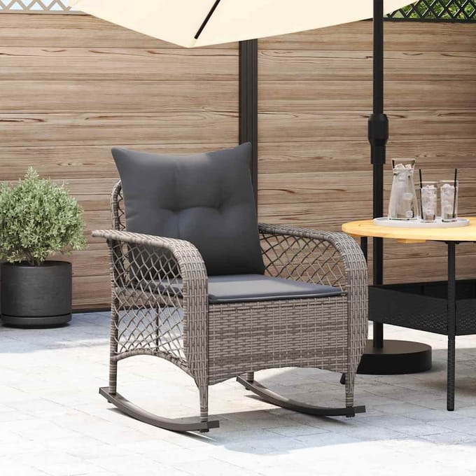 vidaXL - Tuinschommelstoel - met - kussens - poly - rattan - grijs