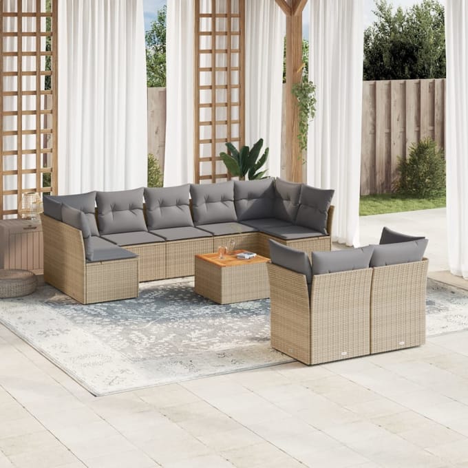 vidaXL - 10-delige - Loungeset - met - kussens - poly - rattan - beige