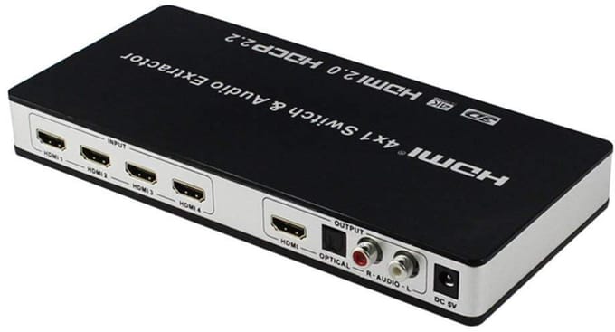 4x1 HDMI-schakelaar en audiosplitter UHD 4K 3D HDMI 2.0 ARC Toslink+RCA