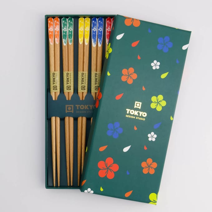 Tokyo Design Studio - Chopsticks Set - Eetstokjes - Turquoise Bloem - 5 Paar - 22,5 cm