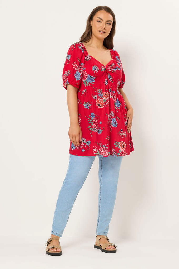 Yours Rode Blouse Met Bloemen En Gedraaide Voorkant Size 48
