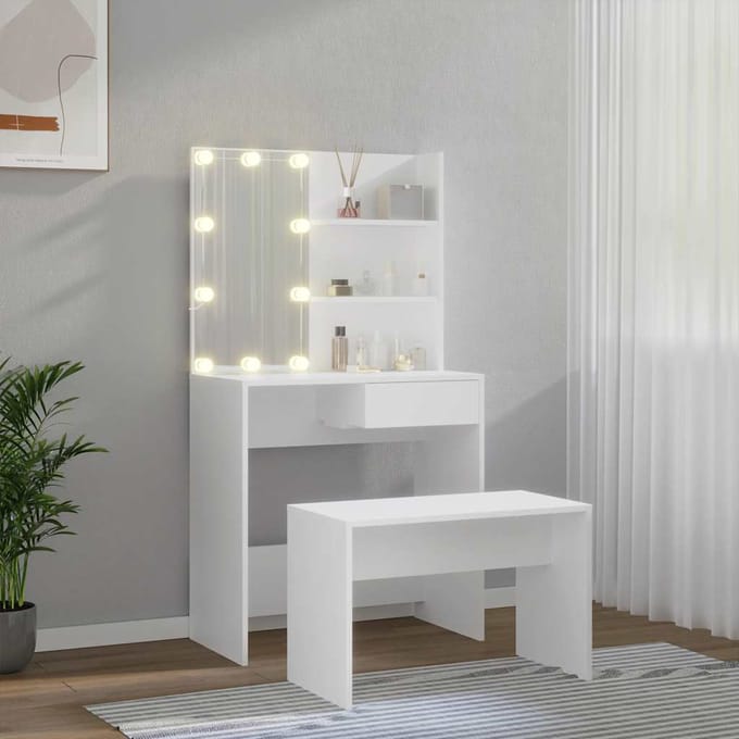 vidaXL - Kaptafelset - met - LED's - bewerkt - hout - wit