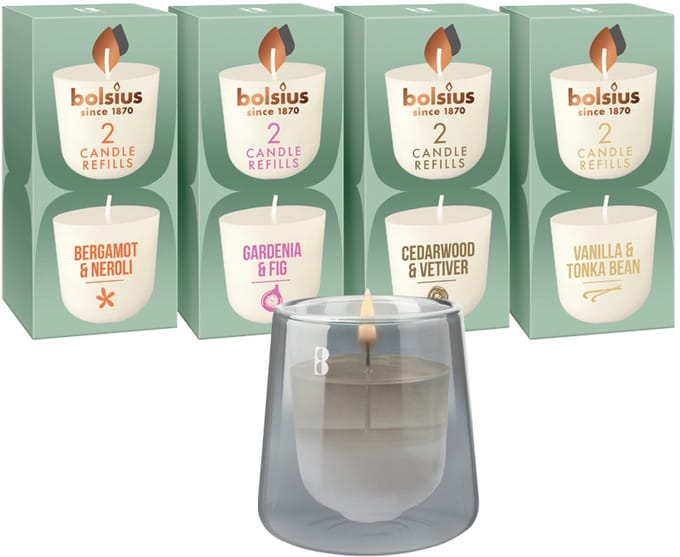 Bolsius - CleanLight - Grijs - Houder en navulbare Geurkaarsen - Starterkit - Met 9 gegeurde Refills