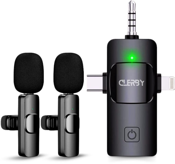 Clerby Draadloze Microfoon - 2 Stuks - Lavelier Microfoon - USB C/Lightning/AUX - Dasspeld Microfoon - Mini Bluetooth Microfoon - Plug & Play