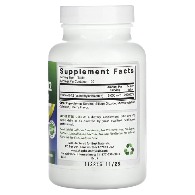Meilleurs produits naturels, vitamine B-12 (méthylcobalamine), 6 000 mcg, 120 comprimés