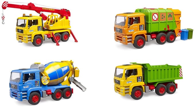 Bruder speelgoed jubileum assortiment - 4 modellen in speciale kleuren.