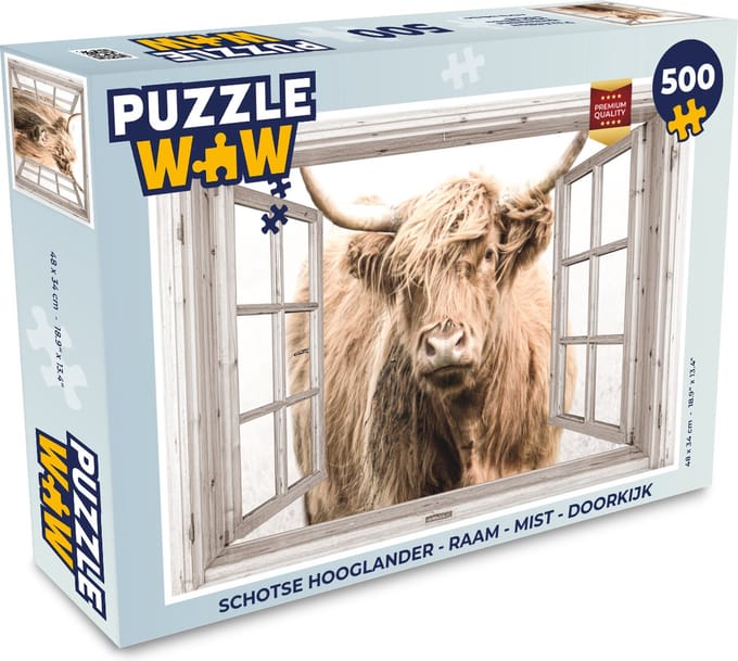 Puzzel Schotse hooglander - Raam - Mist - Doorkijk - Legpuzzel - Puzzel 500 stukjes