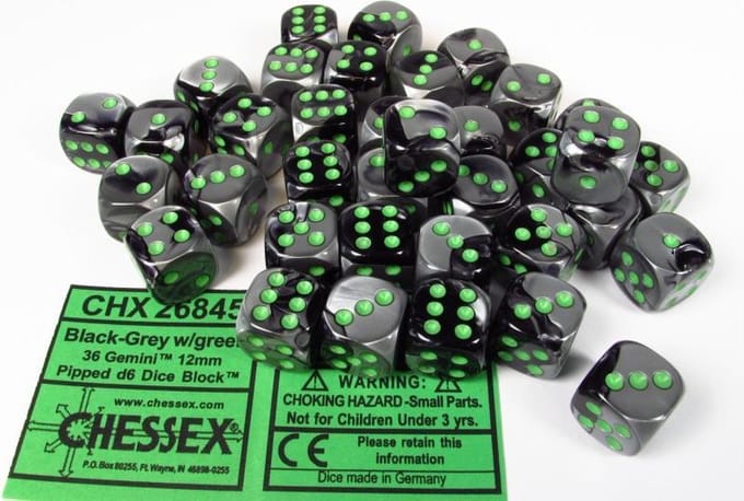 Chessex Gemini Black-Grey/green D6 12mm Dobbelsteen Set (36 stuks)