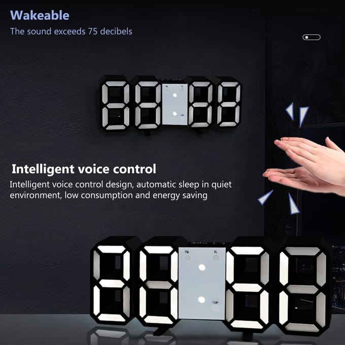 Digitale wekker 3D LED digitale wandklok Tijd Datum Temperatuur Display Helderheid instelbaar wit