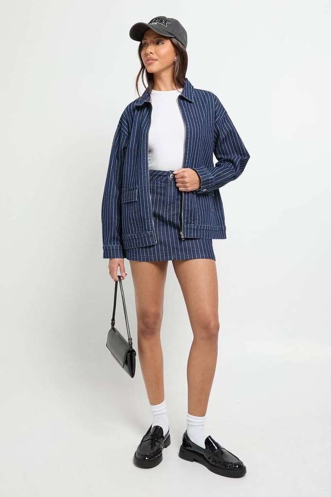 boohoo Dames Gestreepte denim jasje met kraag | Indigo | Maat: 16