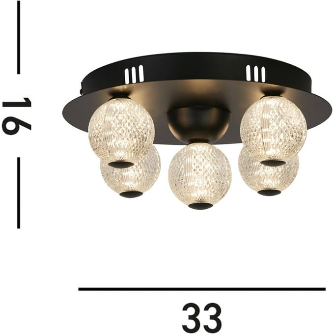 Searchlight LED plafondlamp Asteroid, zwart Ø 33 cm staal/acryl 5-lamps.