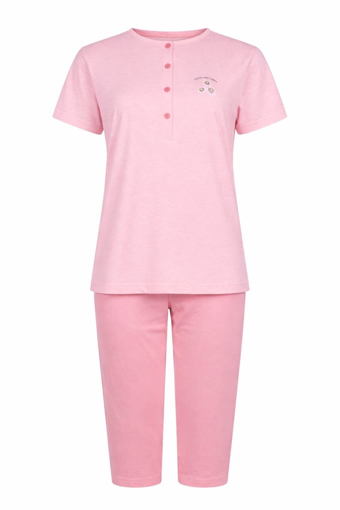 Dames Pyjama - Katoen - Zomer - 3/4 broek - Roze Gemêleerd - Maat S