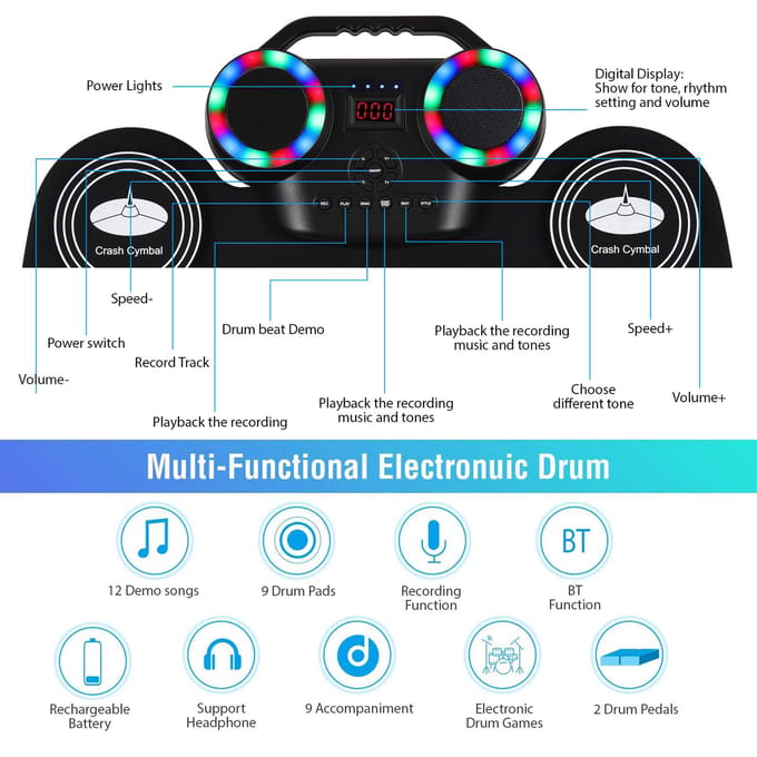 Draagbare oprolbare elektronische drumpad Silicon digitale drum Draagbare stereo digitale drum met zwart