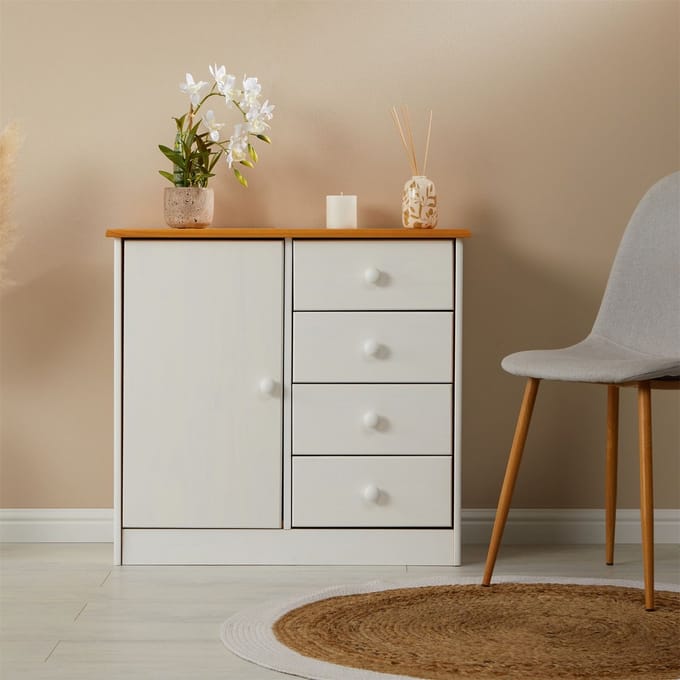 Commode RONDO met 4 lades, grenenhout in wit/bruin
