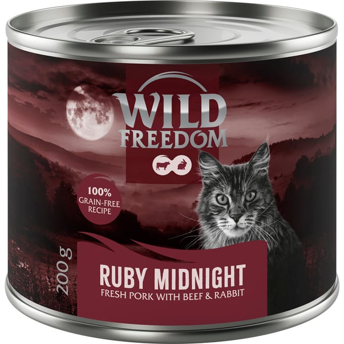 6x200g Wild Freedom Red Meat Ruby Midnight Varkensvlees, Rund Konijn natvoer voor katten